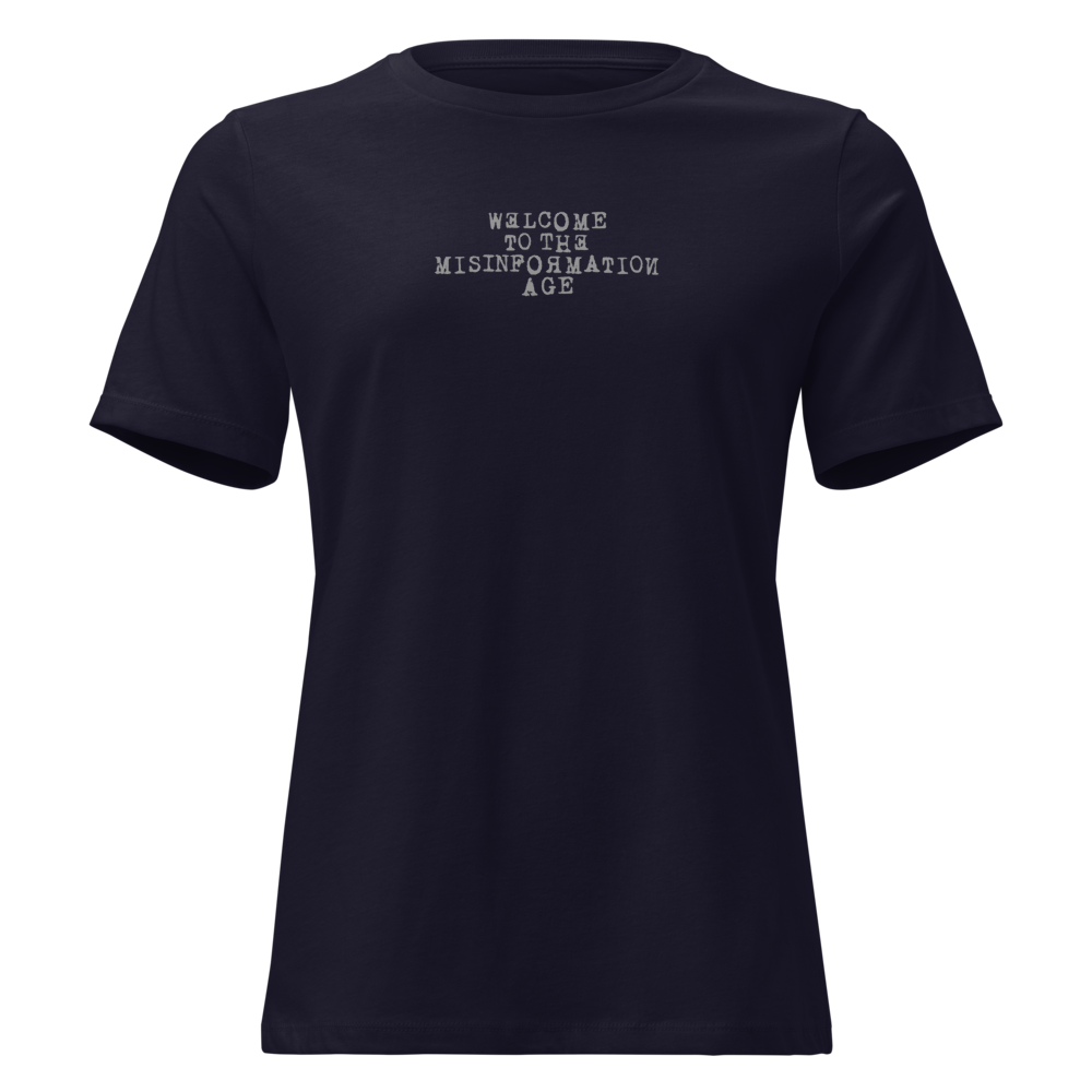 "Welcome to the misinformation age" printed on a navy on an invisible / simulated body