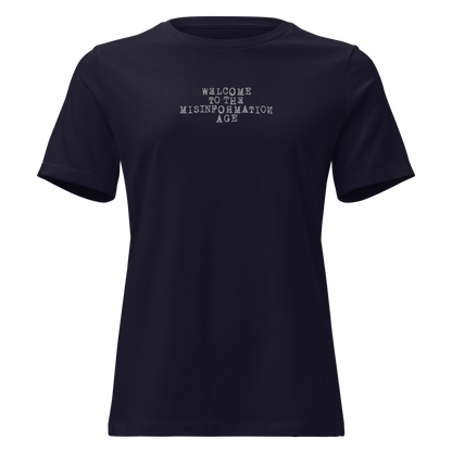 "Welcome to the misinformation age" printed on a navy on an invisible / simulated body
