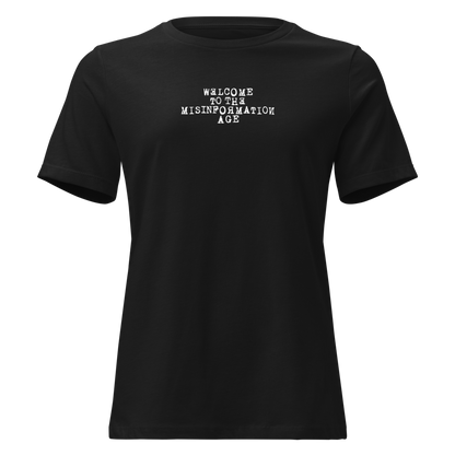 "Welcome to the misinformation age" printed on a black on an invisible / simulated body