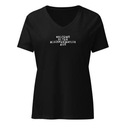 "Welcome to the misinformation age" printed on a solid black blend on an invisible / simulated body