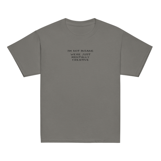 "I’m not insane   We’re just mentally creative" printed on a charcoal youth classic tee laying on a flat surface