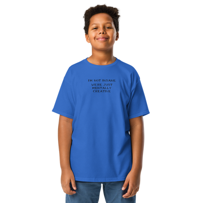 "I’m not insane   We’re just mentally creative" printed on a royal youth classic tee worn by a male