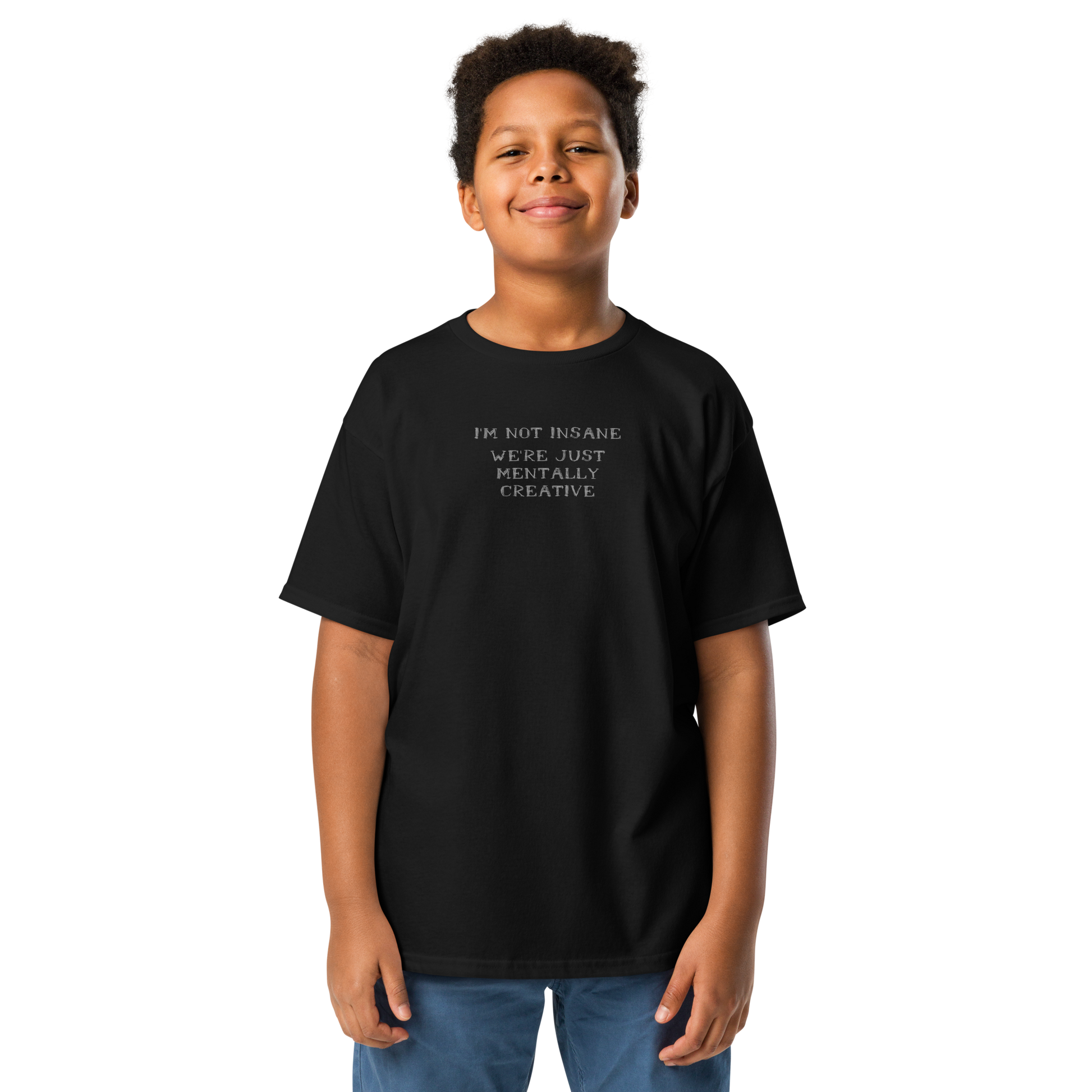 "I’m not insane   We’re just mentally creative" printed on a black youth classic tee worn by a male