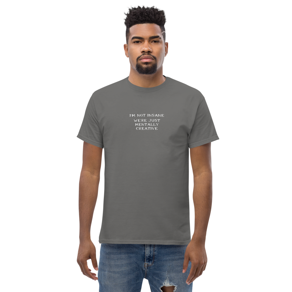 "I’m not insane   We’re just mentally creative" printed on a charcoal unisex classic tee worn by a male