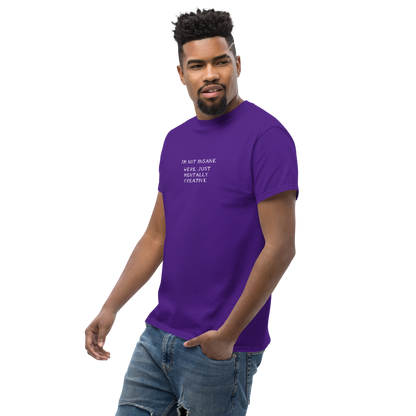 "I’m not insane   We’re just mentally creative" printed on a purple unisex classic tee worn by a male