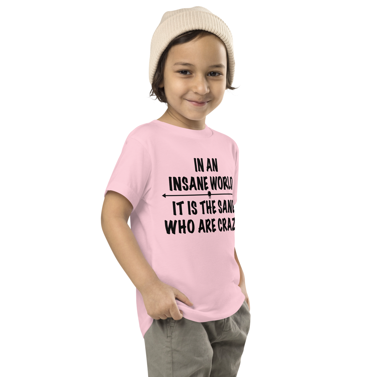 "In an insane world, it is the sane who are crazy" printed on a pink toddler short sleeve tee worn by a male who is also wearing a knit cap