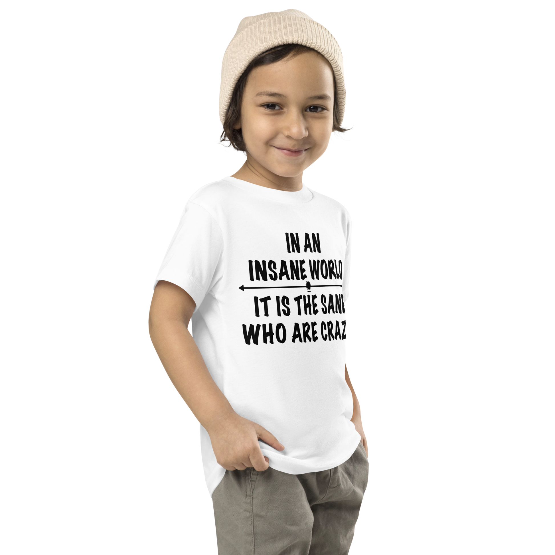 "In an insane world, it is the sane who are crazy" printed on a white toddler short sleeve tee worn by a male who is also wearing a knit cap