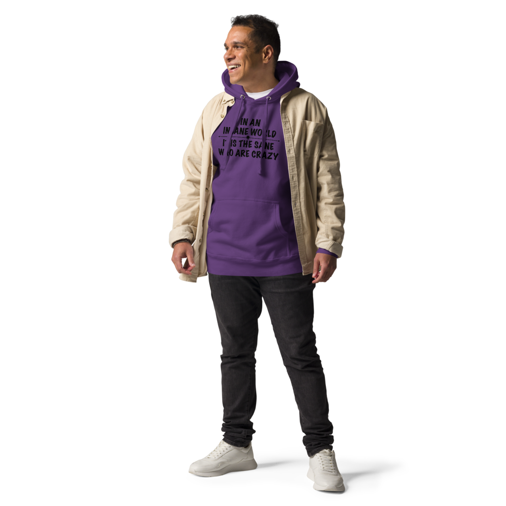 "In an insane world, it is the sane who are crazy" printed on a purple unisex hoodie worn by a male with a jacket on top