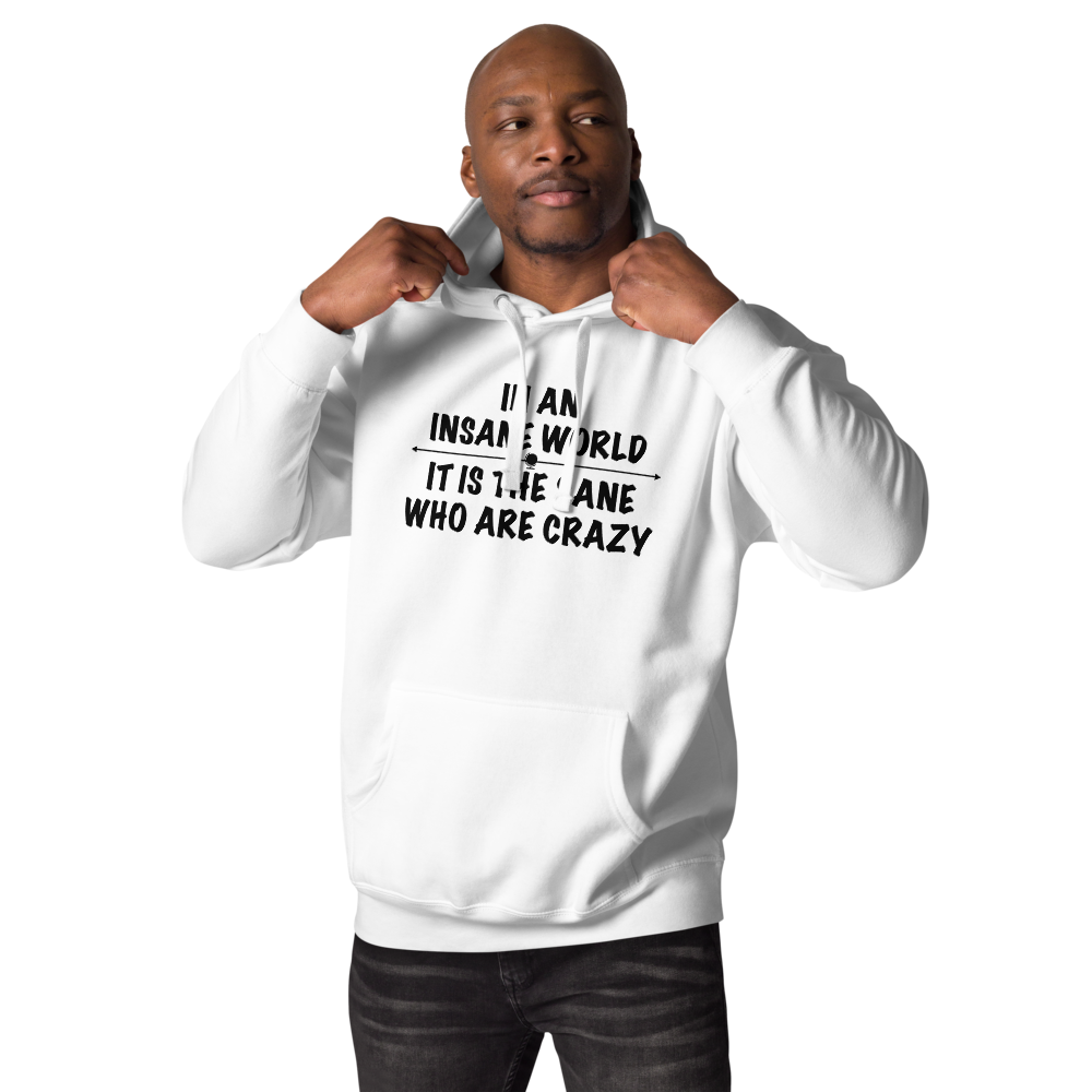 "In an insane world, it is the sane who are crazy" printed on a white unisex hoodie worn by a male