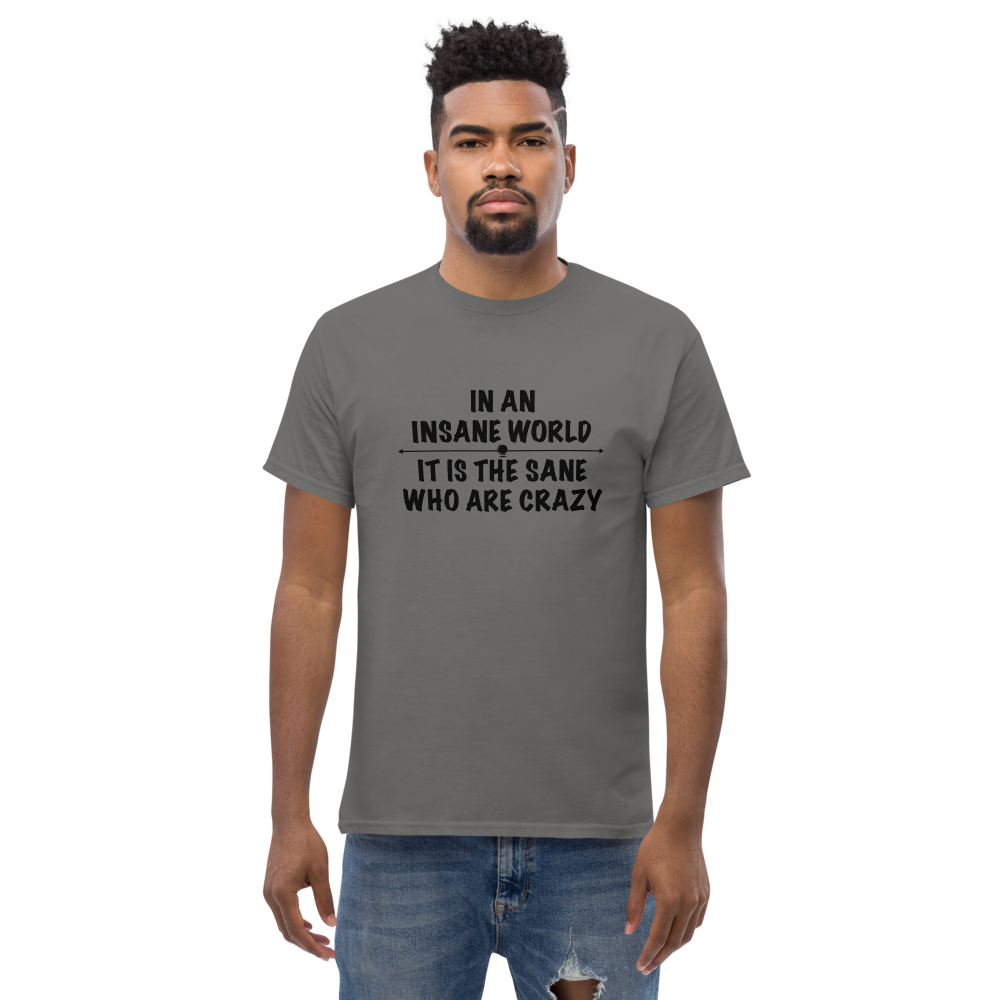 "In an insane world, it is the sane who are crazy" printed on a charcoal unisex classic tee worn by a male