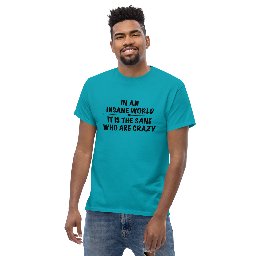 "In an insane world, it is the sane who are crazy" printed on a tropical blue unisex classic tee worn by a male