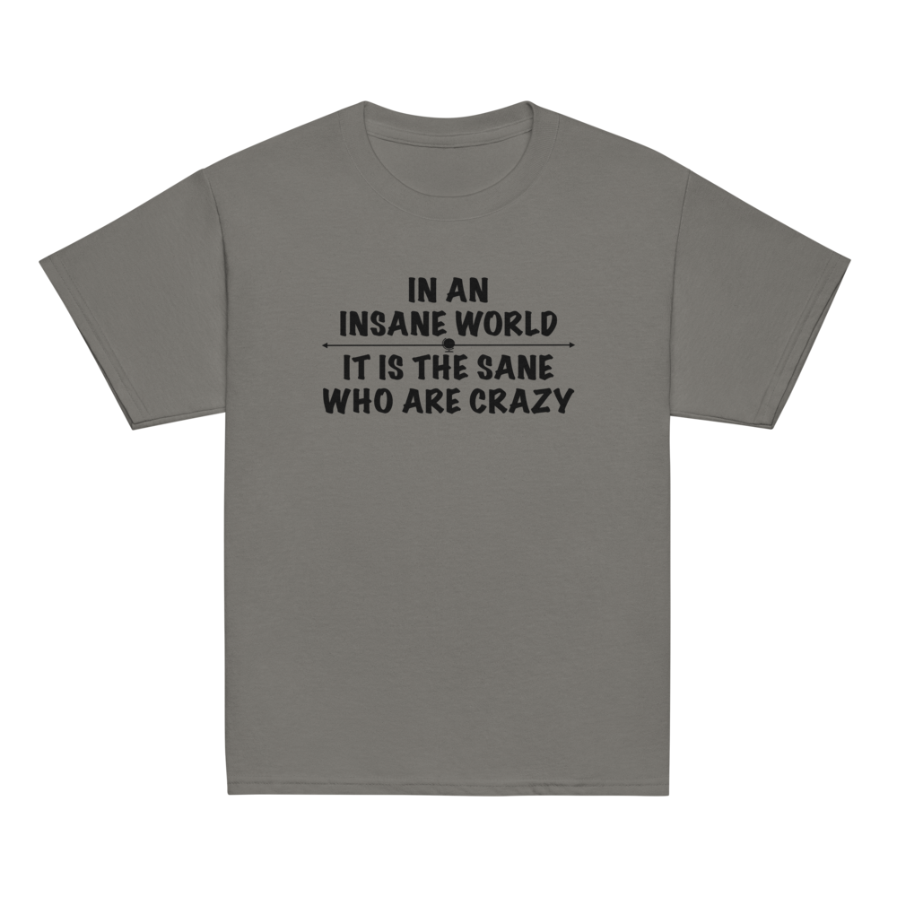 "In an insane world, it is the sane who are crazy" printed on a charcoal youth classic tee laying on a flat surface