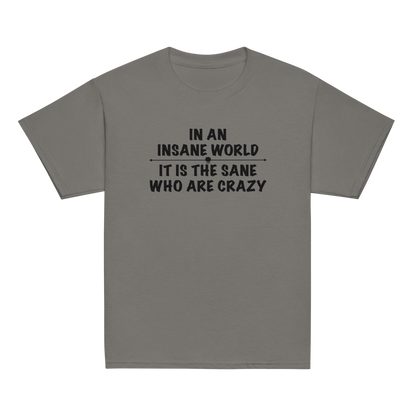 "In an insane world, it is the sane who are crazy" printed on a charcoal youth classic tee laying on a flat surface