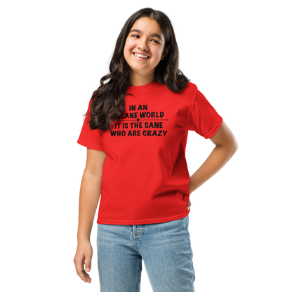 "In an insane world, it is the sane who are crazy" printed on a red youth classic tee worn by a female