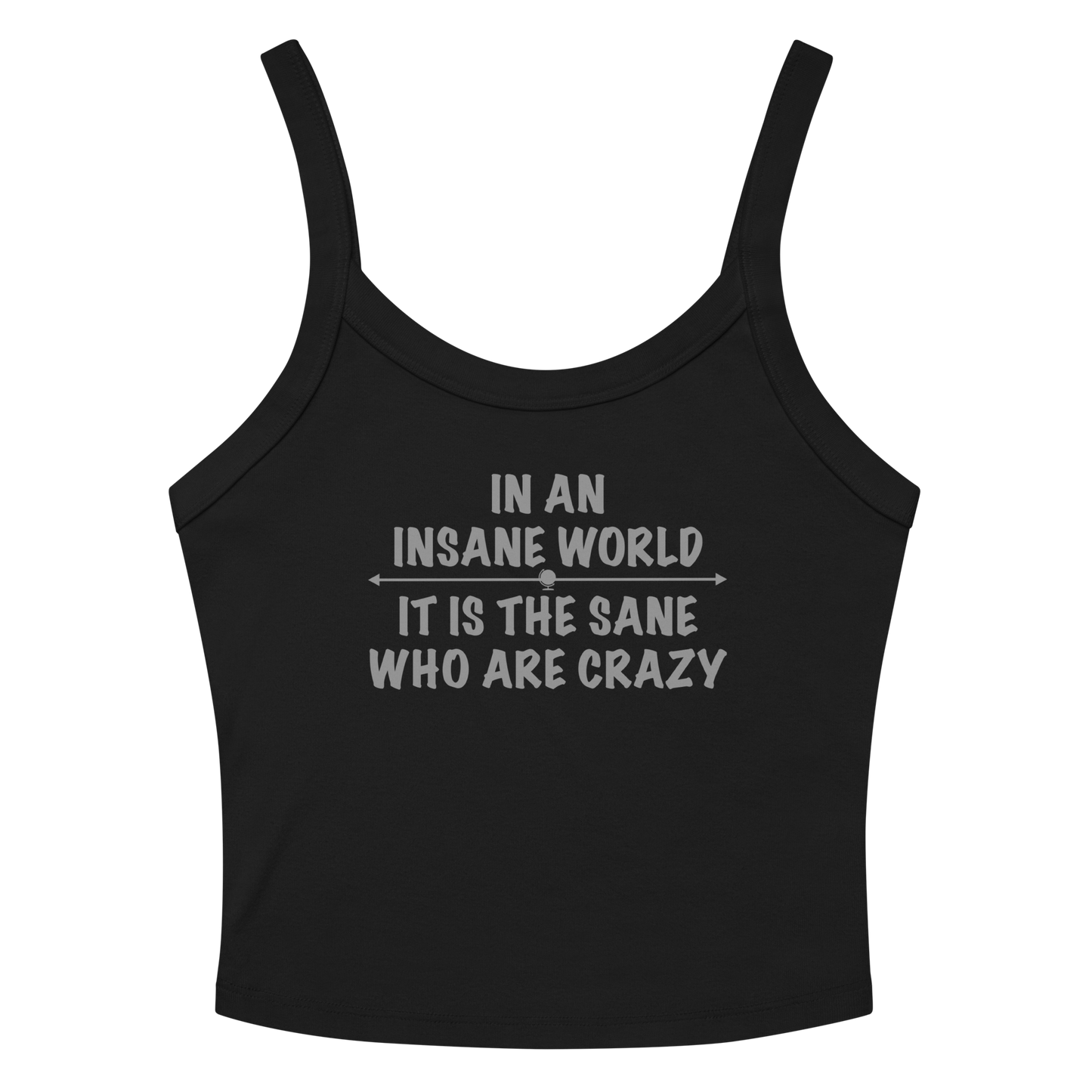"In an insane world, it is the sane who are crazy" printed on a solid black blend women's micro-rib tanktop laying on a flat surface amongst sunglasses and shorts