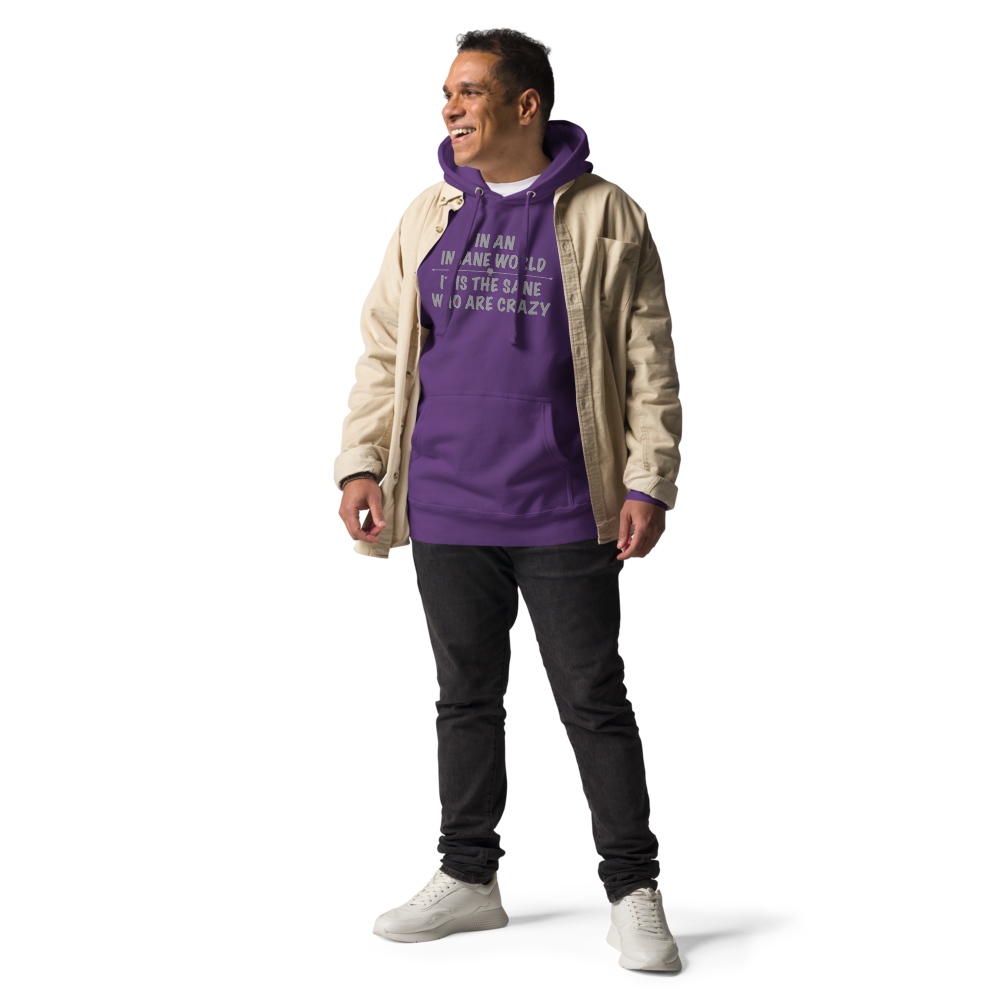 "In an insane world, it is the sane who are crazy" printed on a purple unisex hoodie worn by a male with a jacket on top