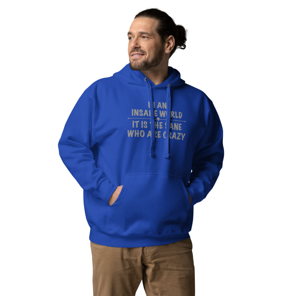 "In an insane world, it is the sane who are crazy" printed on a team royal unisex hoodie worn by a male