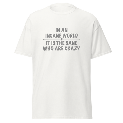 "In an insane world, it is the sane who are crazy" printed on a white on an invisible body