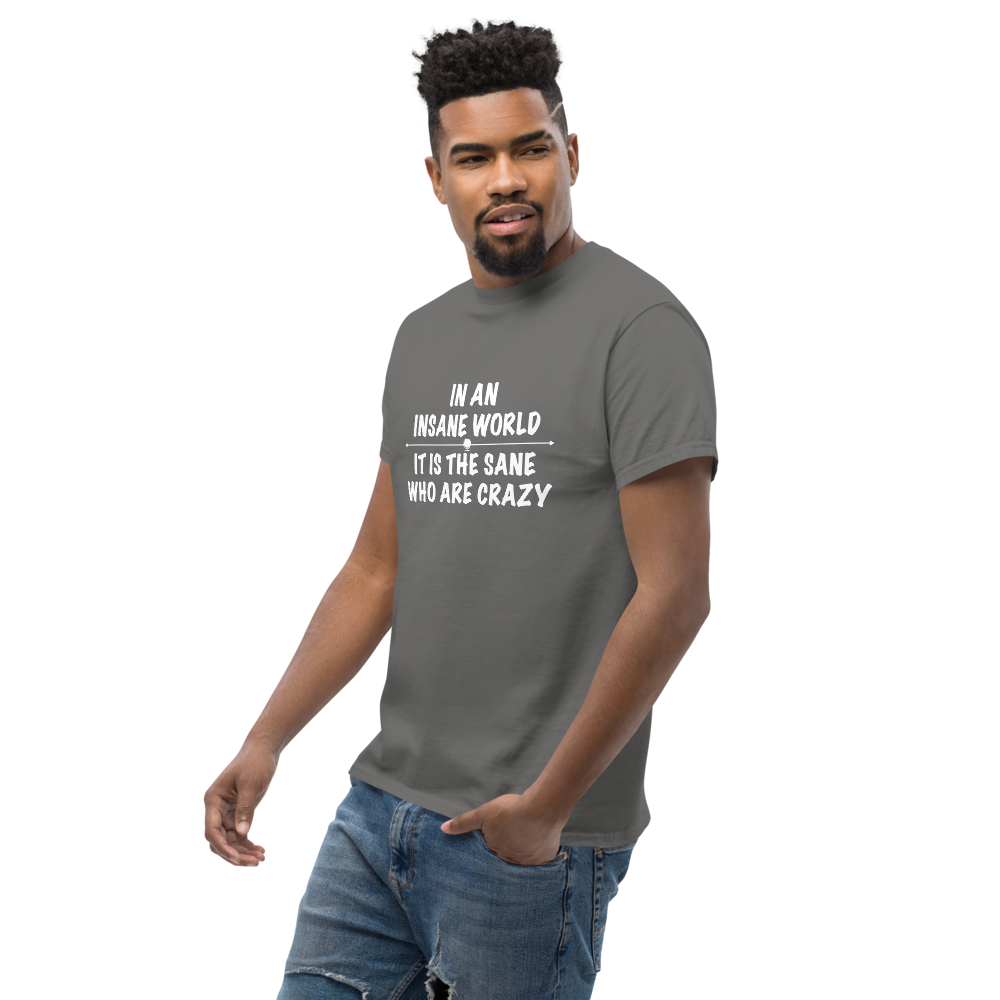 "In an insane world, it is the sane who are crazy" printed on a charcoal unisex classic tee worn by a male