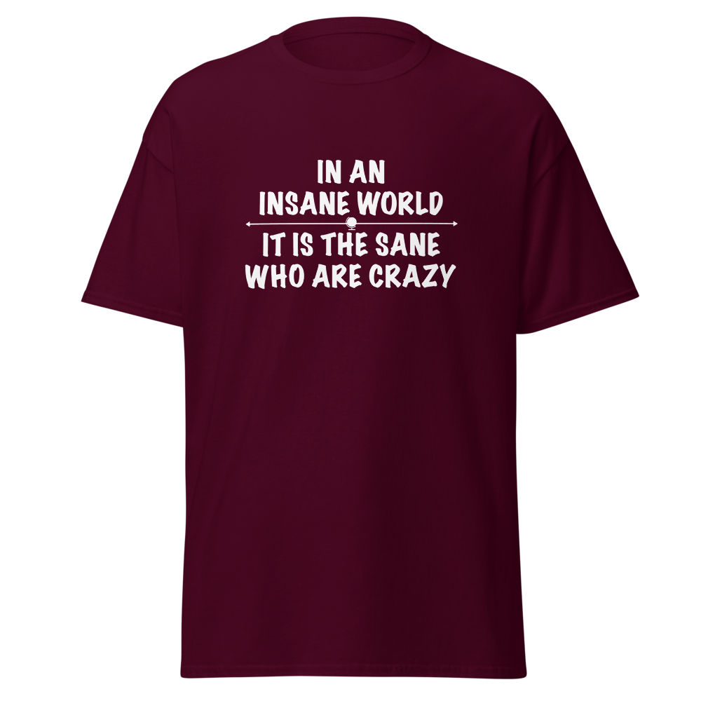 "In an insane world, it is the sane who are crazy" printed on a maroon on an invisible body