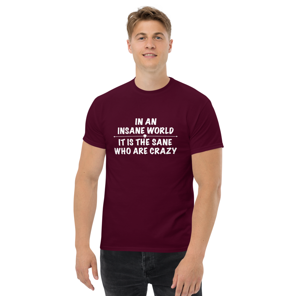 "In an insane world, it is the sane who are crazy" printed on a maroon unisex classic tee worn by a male