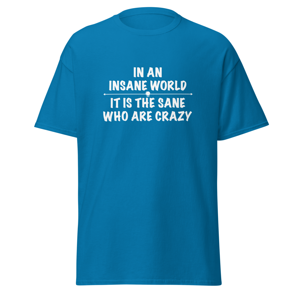 "In an insane world, it is the sane who are crazy" printed on a sapphire on an invisible body