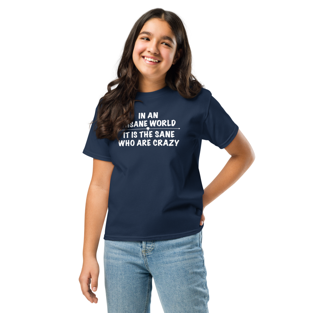 "In an insane world, it is the sane who are crazy" printed on a navy youth classic tee worn by a female