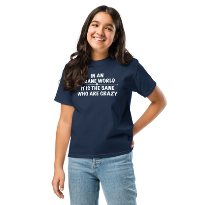 "In an insane world, it is the sane who are crazy" printed on a navy youth classic tee worn by a female