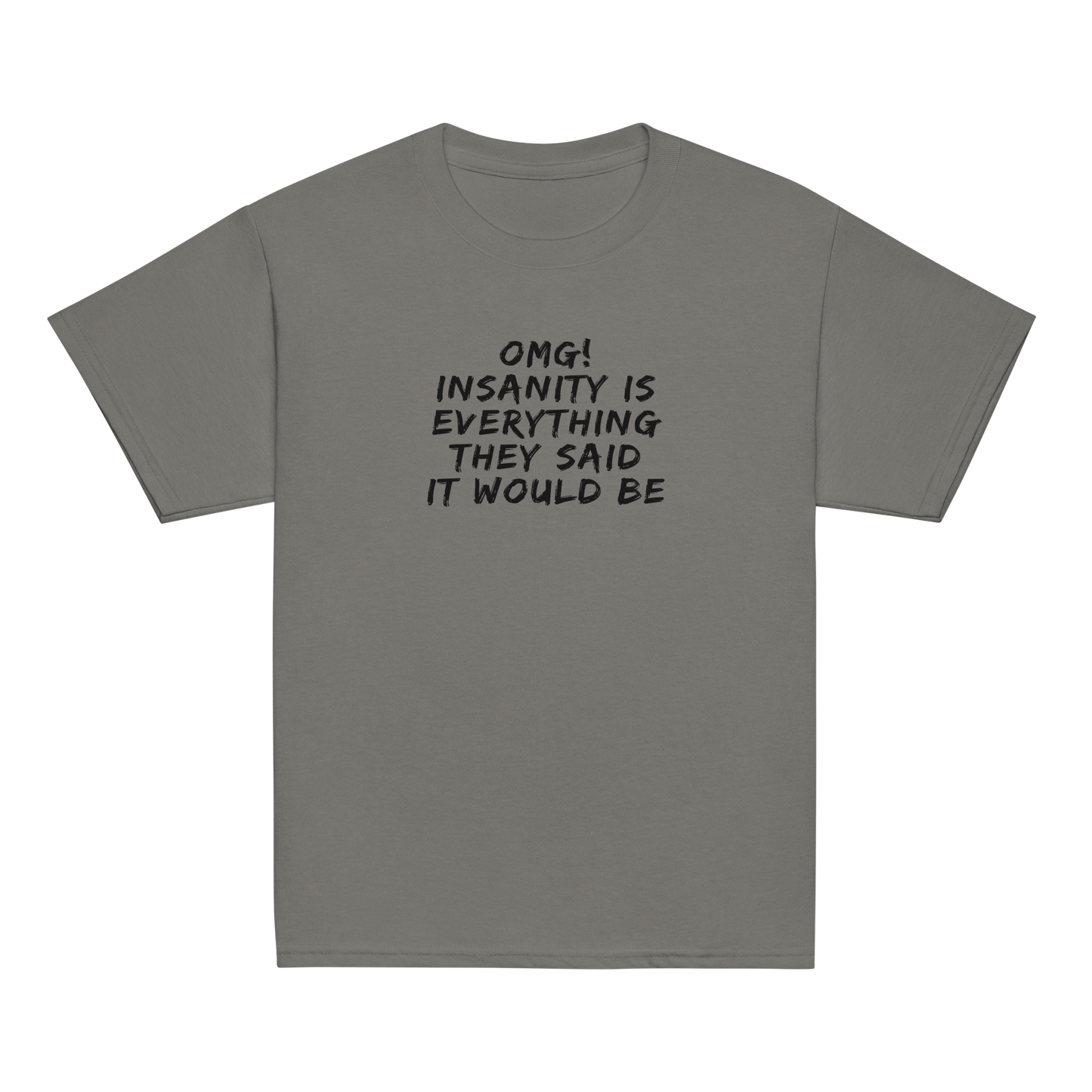 "OMG! Insanity is everything they said it would be" printed on a charcoal youth classic tee laying on a flat surface