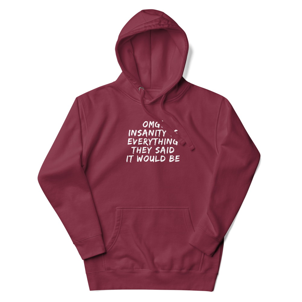 "OMG! Insanity is everything they said it would be" printed on a maroon unisex hoodie laying on a flat surface with the hood up
