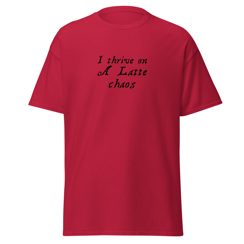 "I thrive on a latte chaos" printed on a cardinal on an invisible body