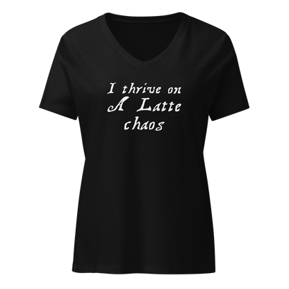 "I thrive on a latte chaos" printed on a solid black blend on an invisible / simulated body
