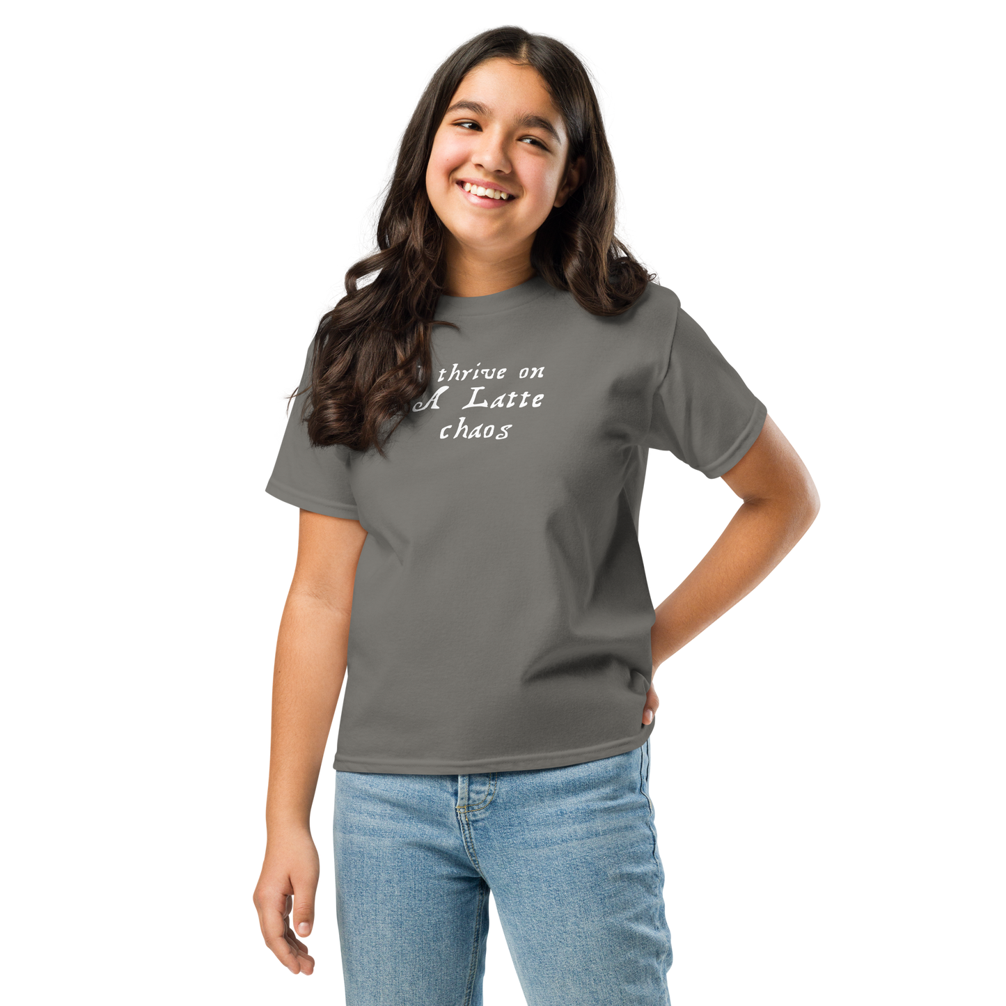 "I thrive on a latte chaos" printed on a charcoal youth classic tee worn by a female