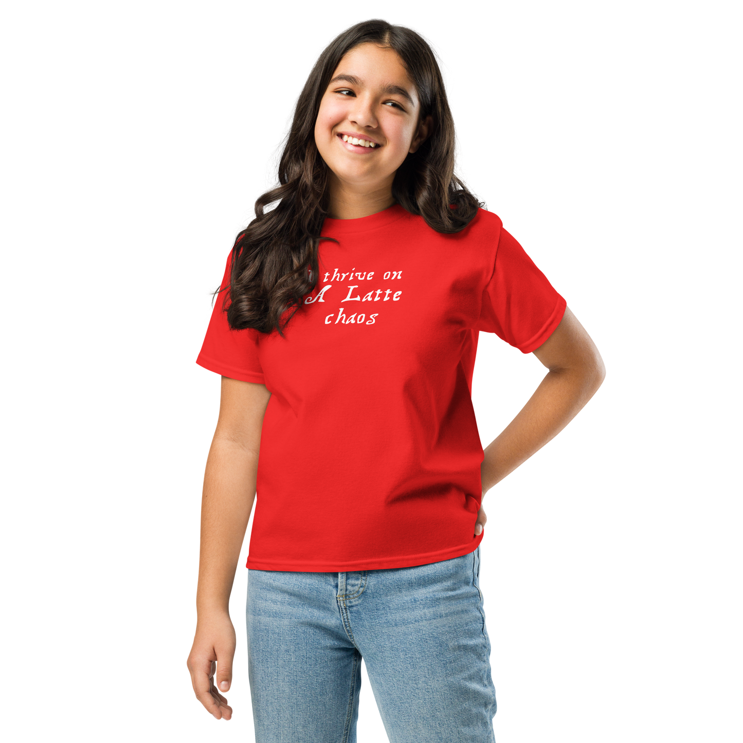 "I thrive on a latte chaos" printed on a red youth classic tee worn by a female