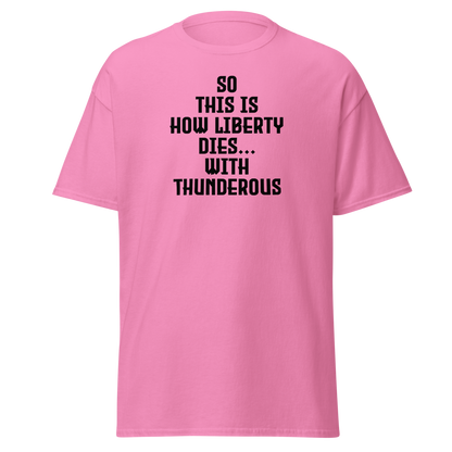 "So this is how liberty dies… with thunderous applause" printed on a azalea on an invisible body