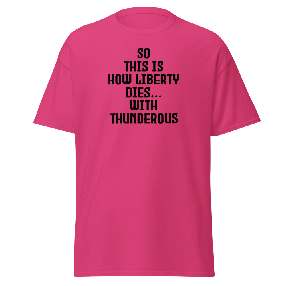 "So this is how liberty dies… with thunderous applause" printed on a heliconia on an invisible body