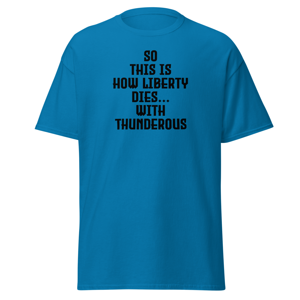 "So this is how liberty dies… with thunderous applause" printed on a sapphire on an invisible body