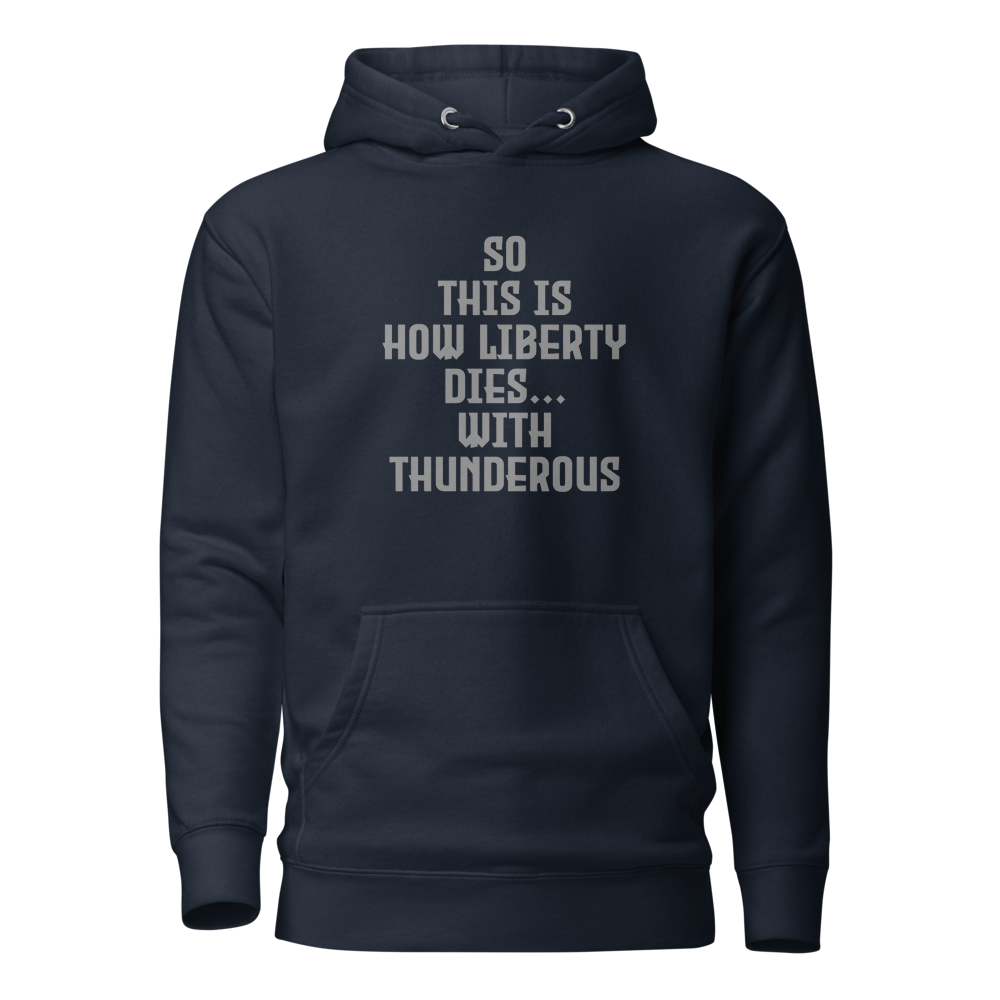 "So this is how liberty dies… with thunderous applause" printed on a navy blazer on an invisible / simulated body