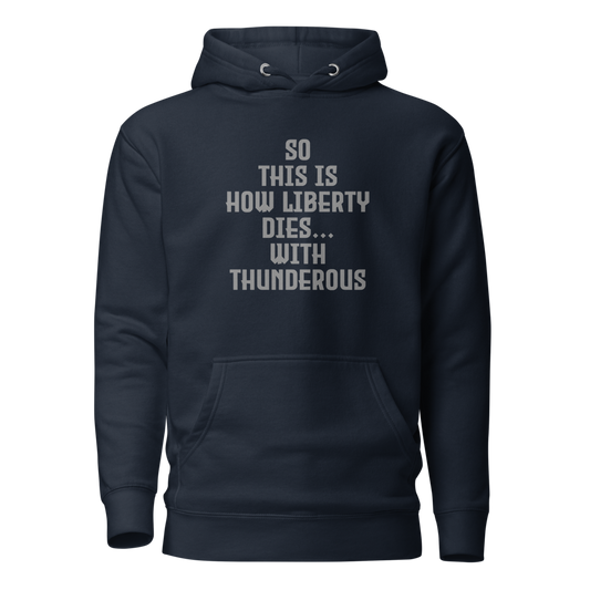 "So this is how liberty dies… with thunderous applause" printed on a navy blazer on an invisible / simulated body