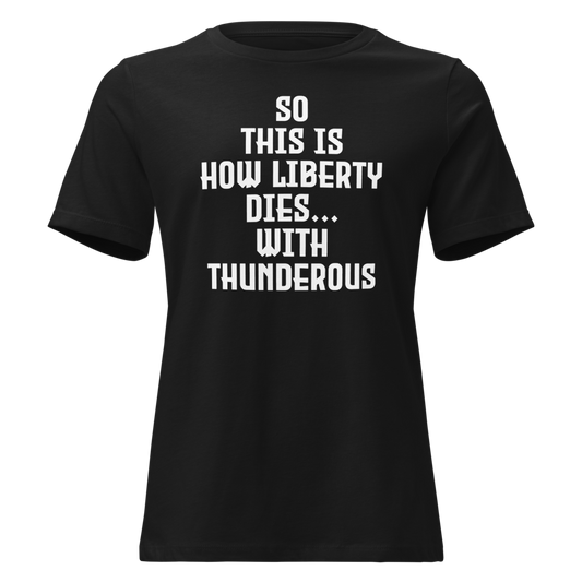 "So this is how liberty dies… with thunderous applause" printed on a black on an invisible / simulated body