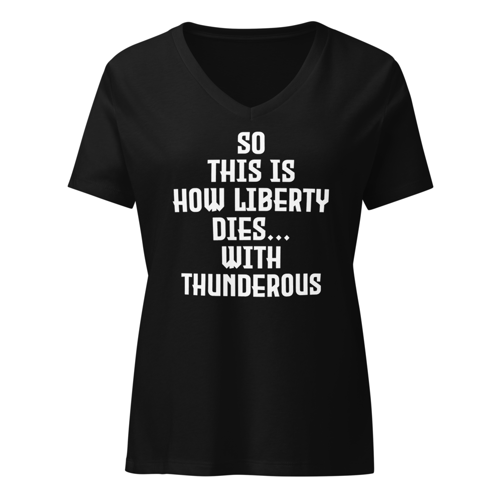 "So this is how liberty dies… with thunderous applause" printed on a solid black blend on an invisible / simulated body