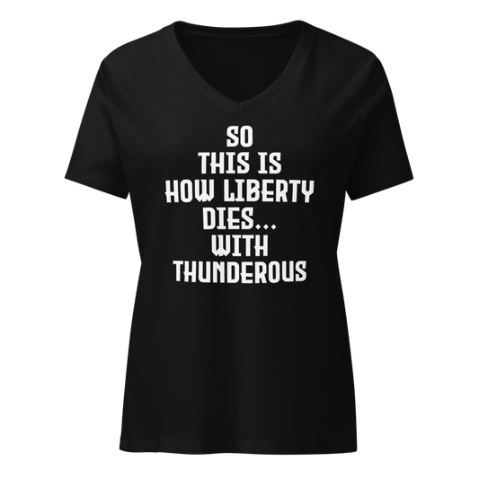 "So this is how liberty dies… with thunderous applause" printed on a solid black blend on an invisible / simulated body