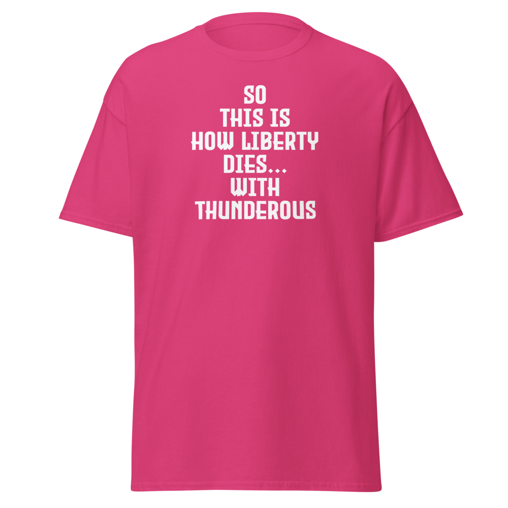 "So this is how liberty dies… with thunderous applause" printed on a heliconia on an invisible body