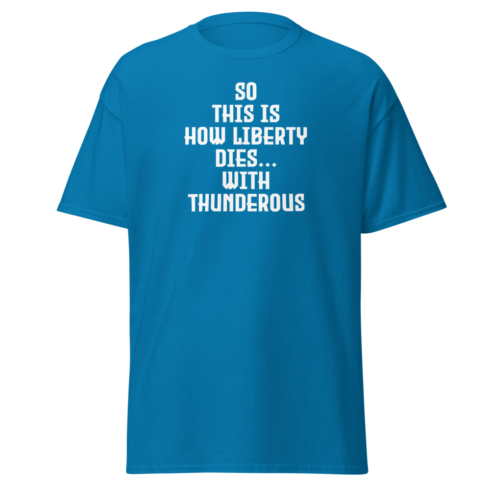 "So this is how liberty dies… with thunderous applause" printed on a sapphire on an invisible body