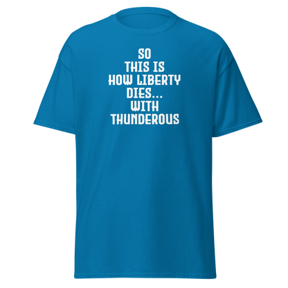 "So this is how liberty dies… with thunderous applause" printed on a sapphire on an invisible body