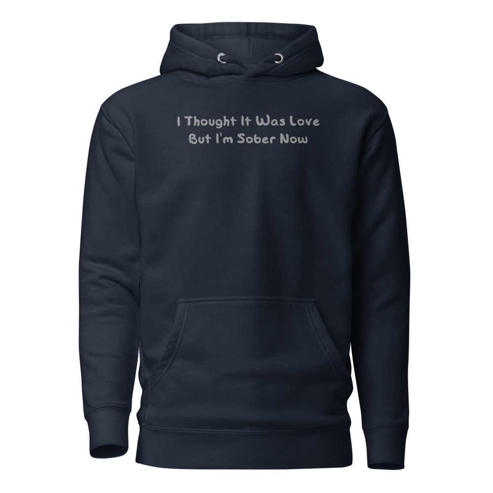 "I thought it was love but I’m sober now" printed on a navy blazer on an invisible / simulated body