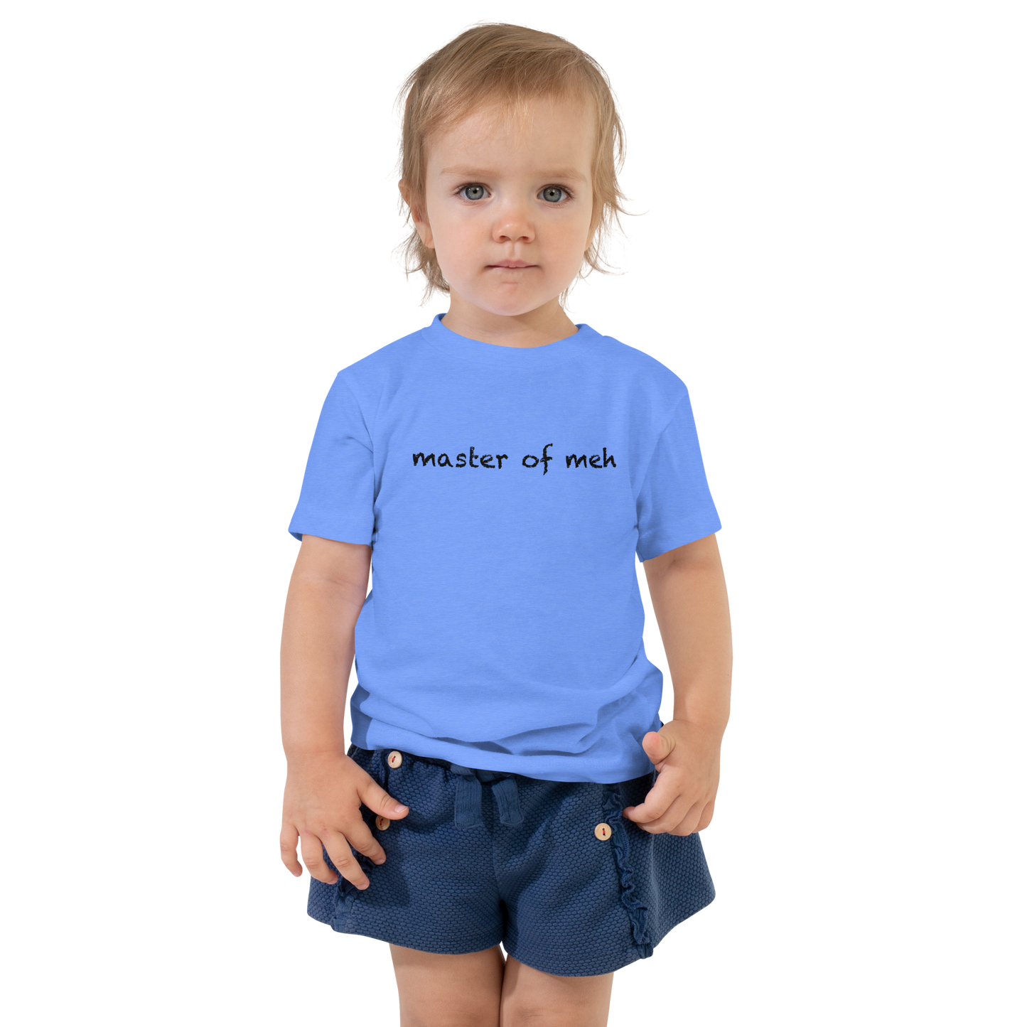 "Master of meh" printed on a heather columbia blue toddler short sleeve tee worn by a female