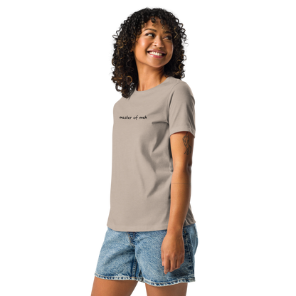 "Master of meh" printed on a heather stone women's relaxed t-shirt worn by a female