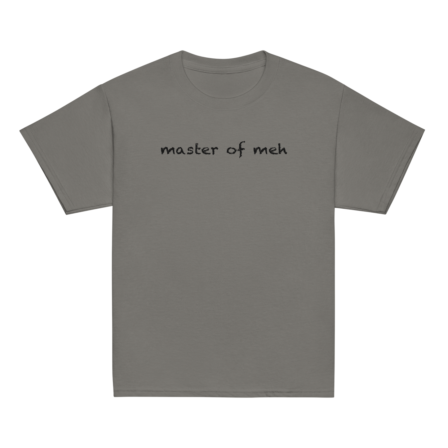 "Master of meh" printed on a charcoal youth classic tee laying on a flat surface