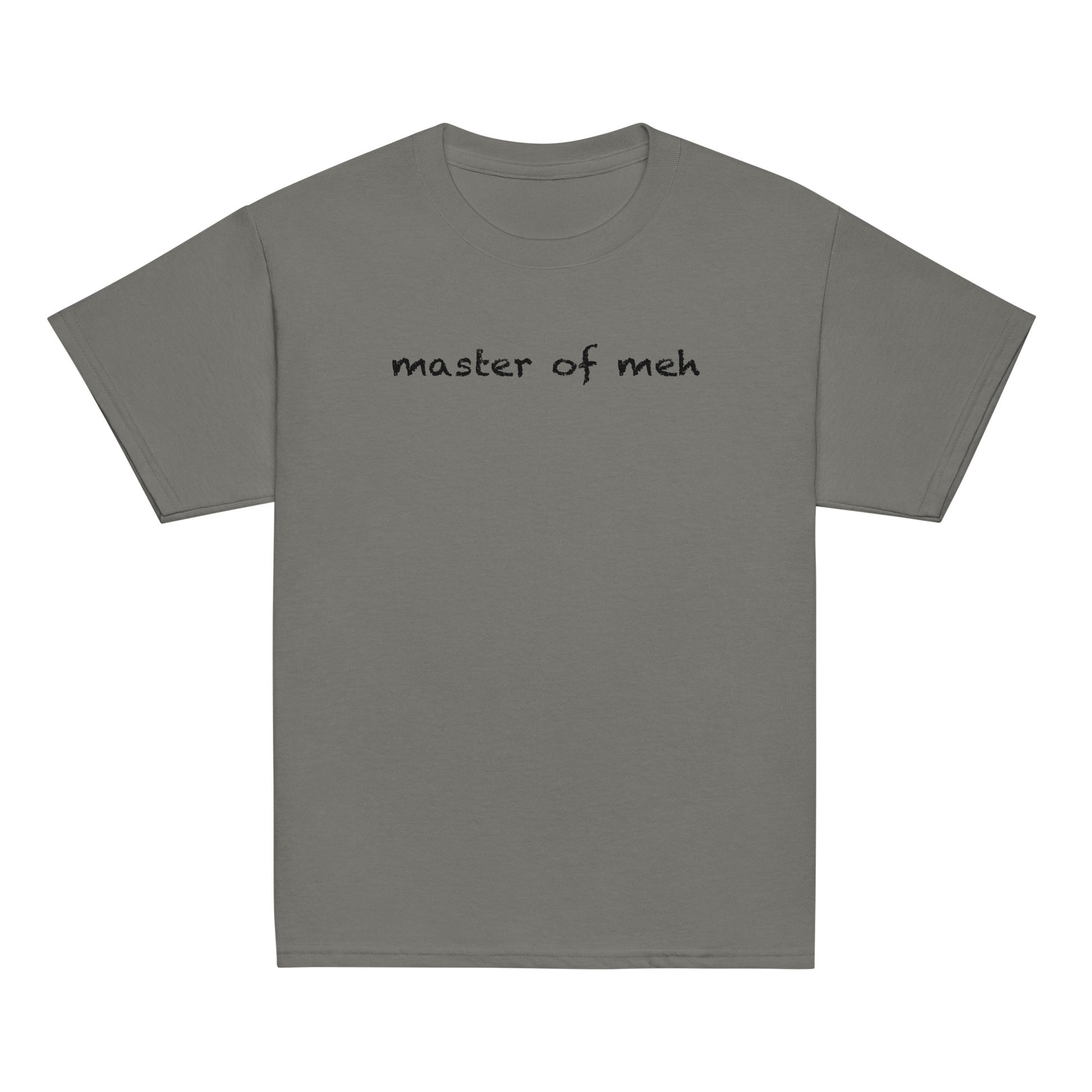 "Master of meh" printed on a charcoal youth classic tee laying on a flat surface
